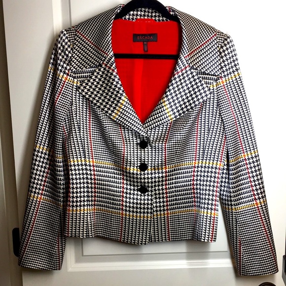 Escada Jackets & Blazers - ❤️ Escada 40 Plaid Wool Silk Blazer Jacket Black Red Gold 10 Houndstooth